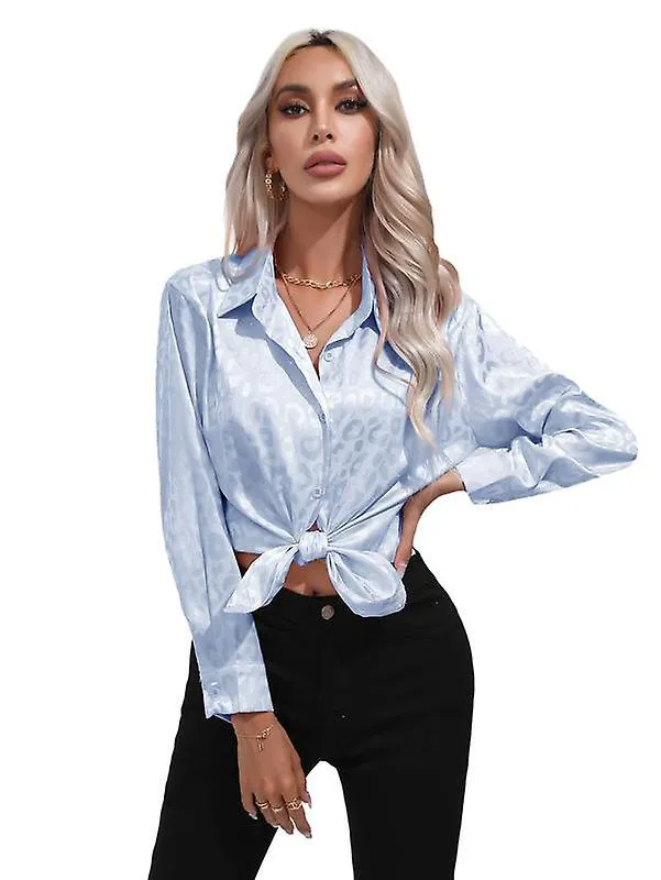 Womens V Neck Satin Button Down Shirt Leopard Print Casual Loose Blouse